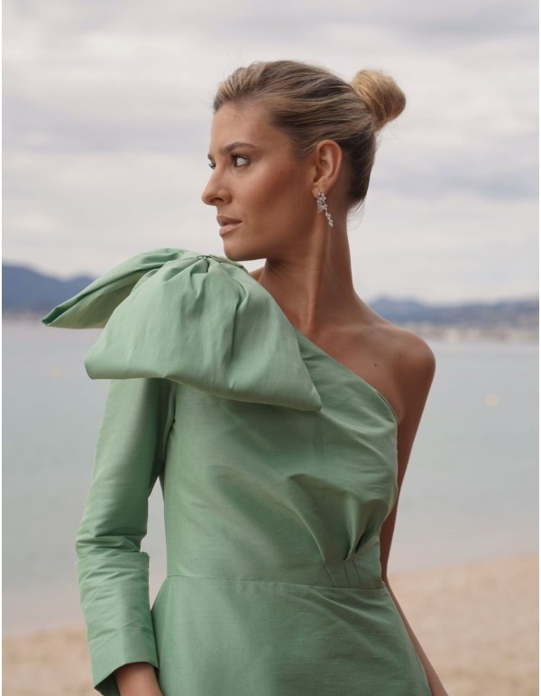 Long party dress with asymmetric neckline and lace -...