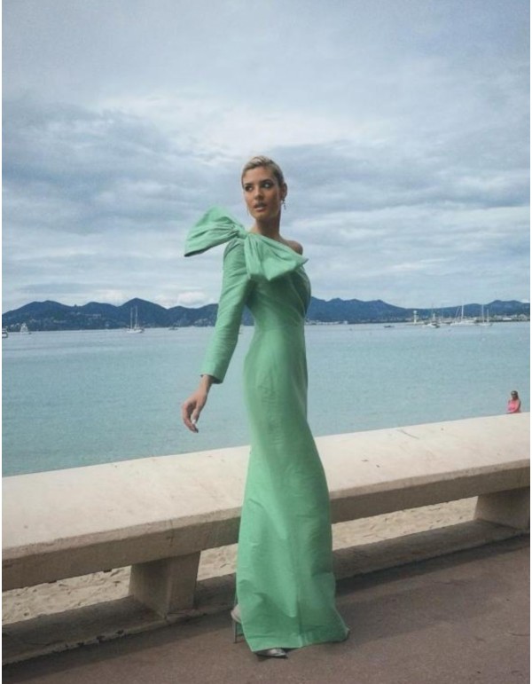 Long party dress with asymmetric neckline and lace -... 2