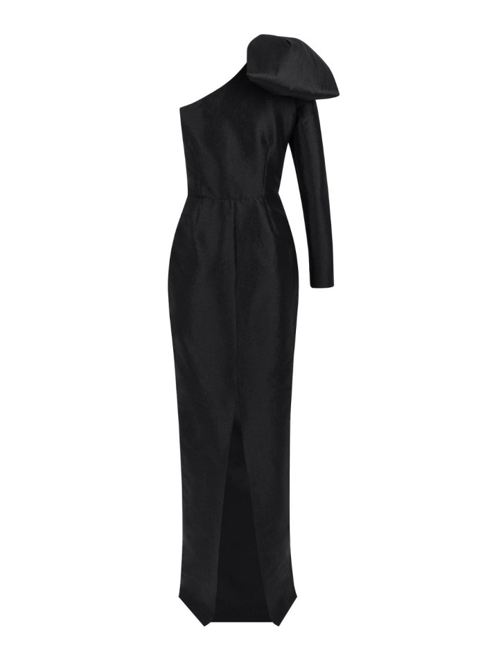 Long party dress with asymmetric neckline and...