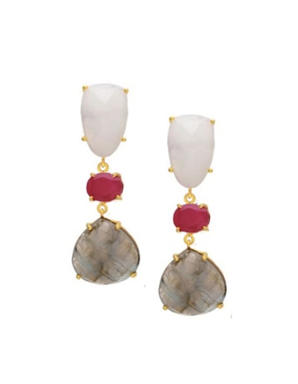 Pendientes de fiesta con tres piedras de cuarzo blanco, granate y labradorita natural, una combinación de colores perfecta.