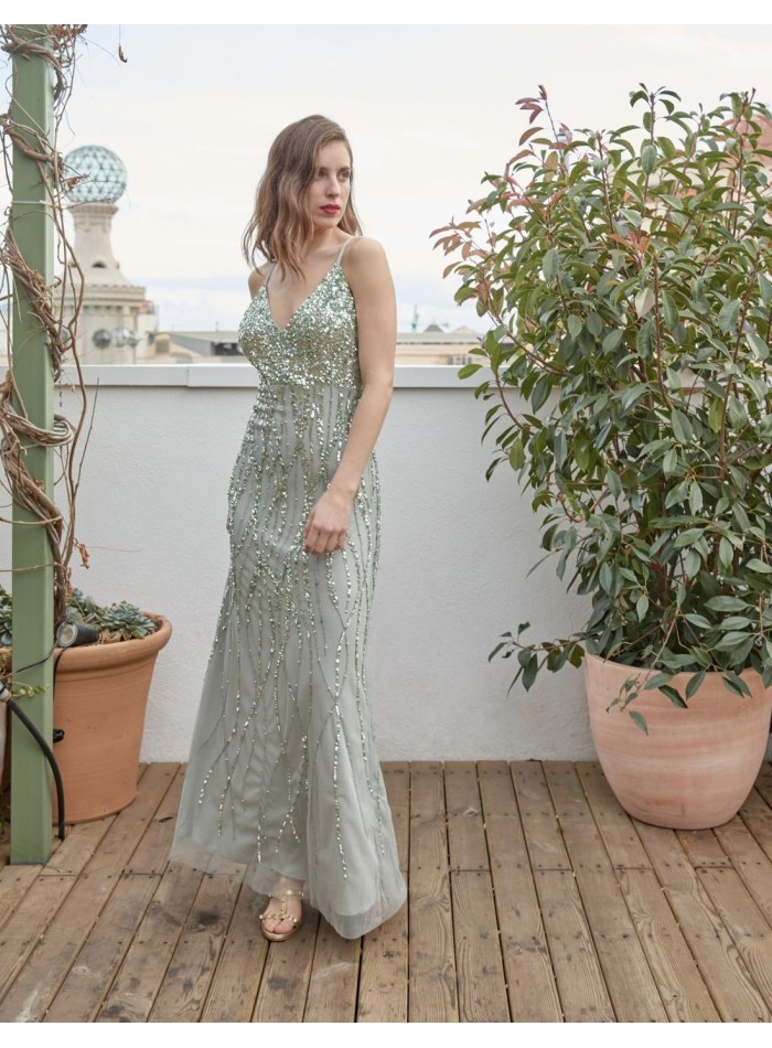 Robe de soirée menthe avec décolleté et sequins