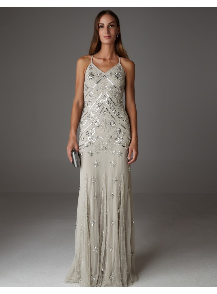Long party dress with rhinestones and thin straps