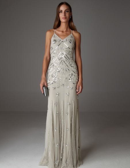Vestido largo de fiesta con pedrería y tirante fino