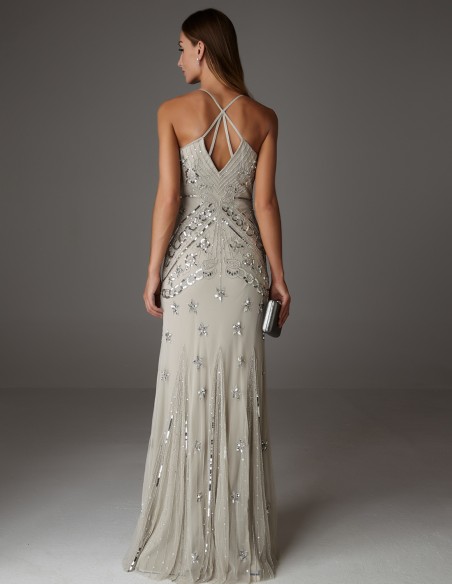 Long party dress with rhinestones and thin straps for guests