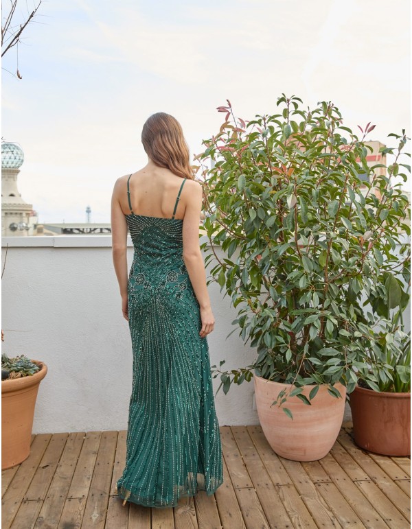 Long party dress with rhinestones and V-neckline 2