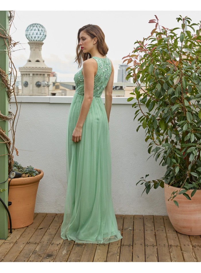 Long party dress with tulle skirt and rhinestone bodice