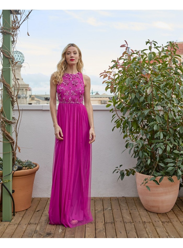 Long party dress with tulle skirt and rhinestone bodice