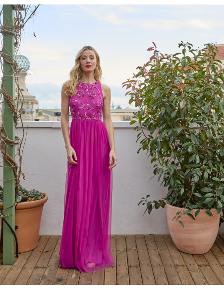 Long party dress with tulle skirt and rhinestone bodice