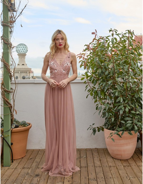 Long party dress with rhinestones detail and tulle skirt for guest