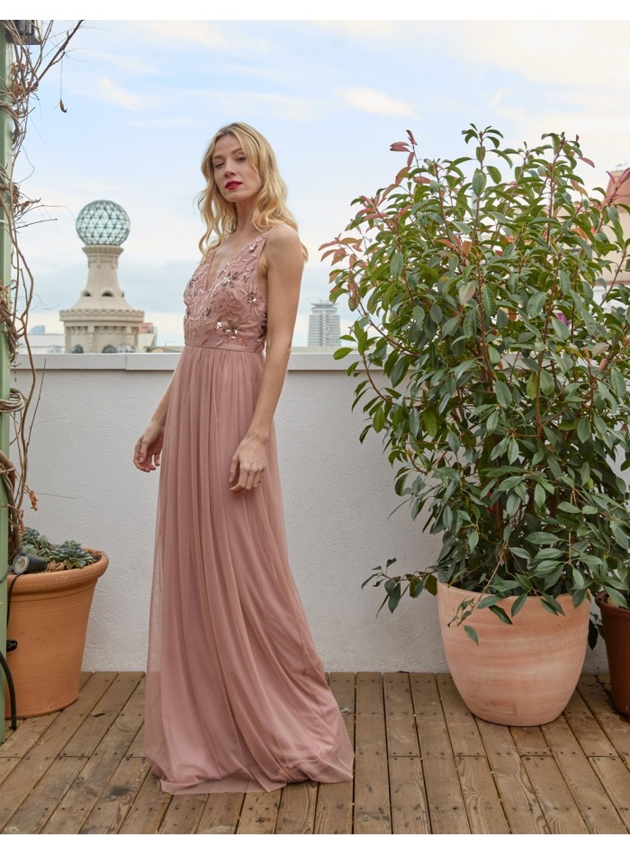 Long party dress with rhinestones detail and tulle skirt by L&B