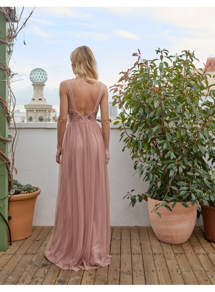 Long party dress with rhinestones detail and tulle skirt