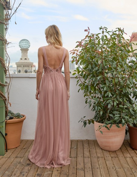 Long party dress with rhinestones detail and tulle skirt