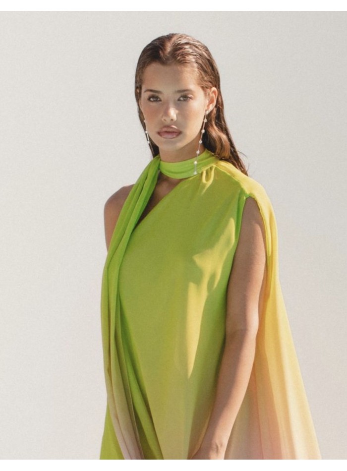 Multicoloured long dress with asymmetric neckline