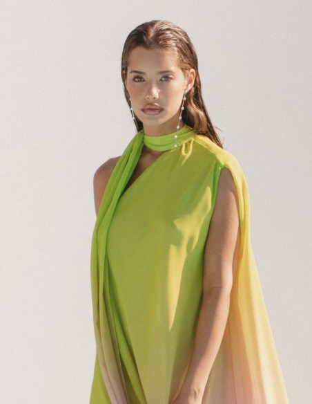 Multicoloured long dress with asymmetric neckline