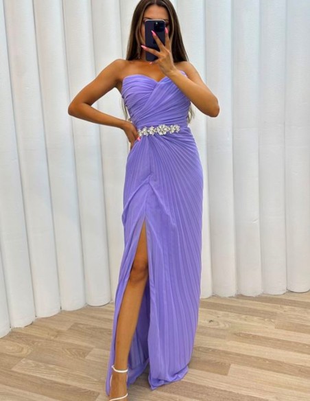 Long pleated ball gown with rhinestone belt