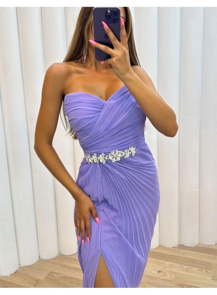 Long pleated ball gown with rhinestone belt