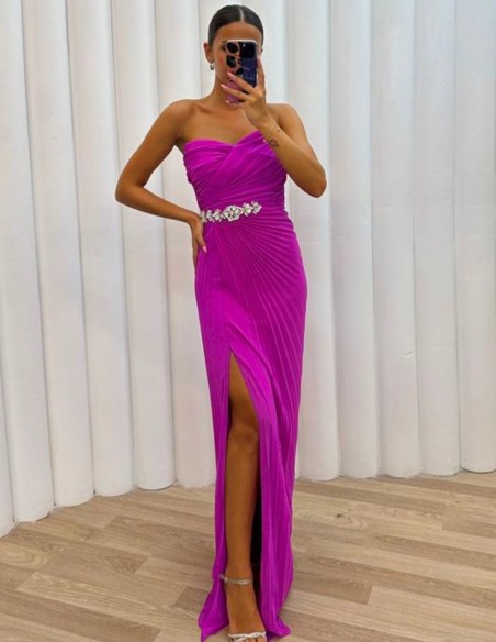 Long pleated ball gown with rhinestone belt