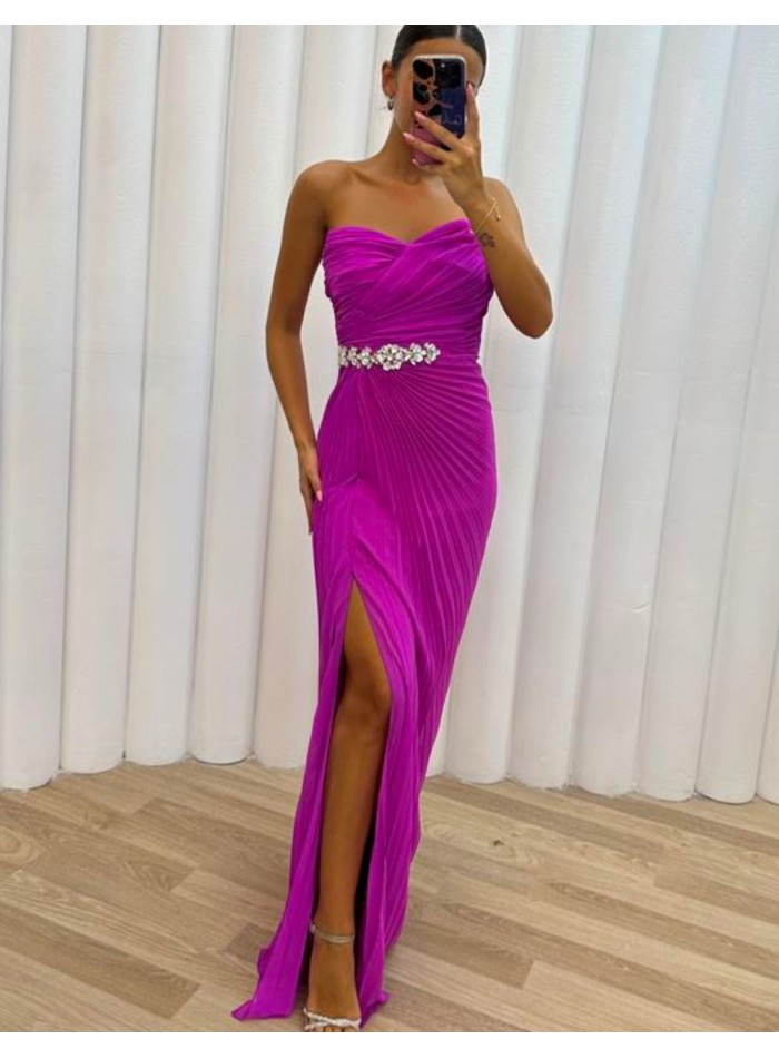 Long pleated ball gown with rhinestone belt