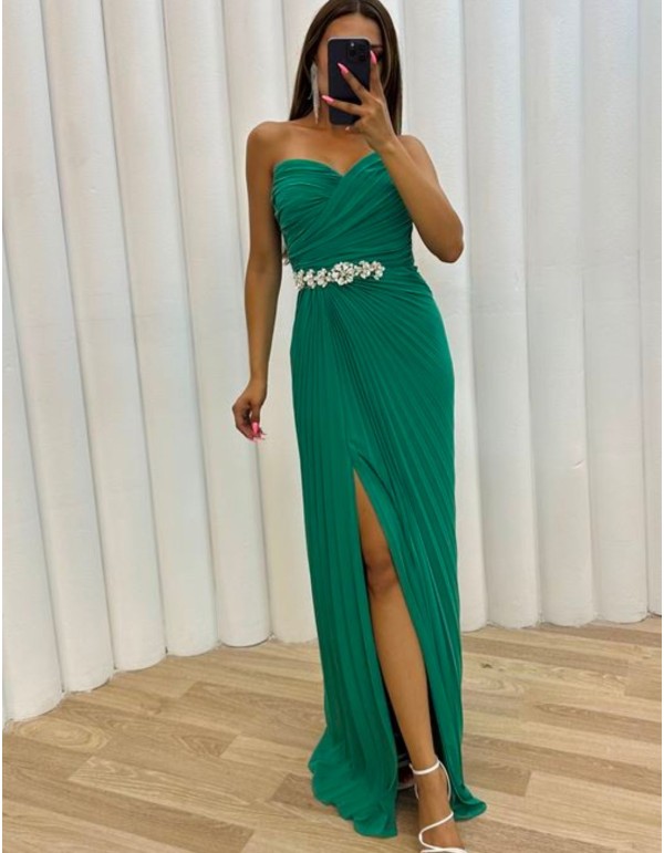 Long pleated ball gown with rhinestone belt