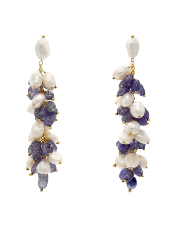 Pendientes largos de fiesta con perlas blancas y azules