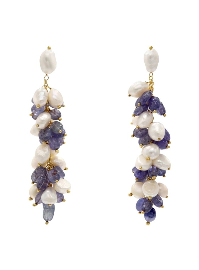 Pendientes largos de fiesta con perlas blancas y azules
