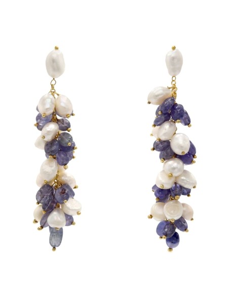 Long party earrings with white and blue pearls