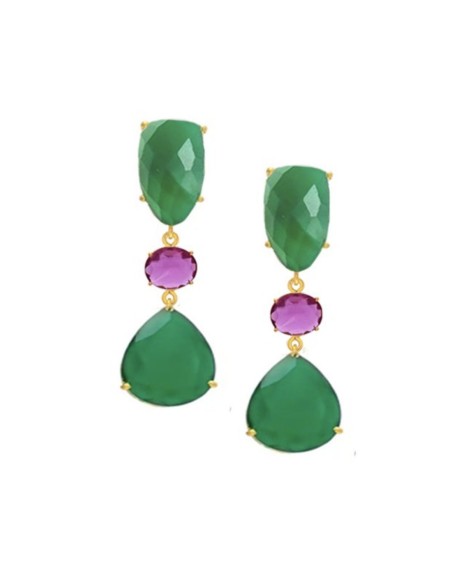 Long party earrings with dangling stones in green and fuchsia.