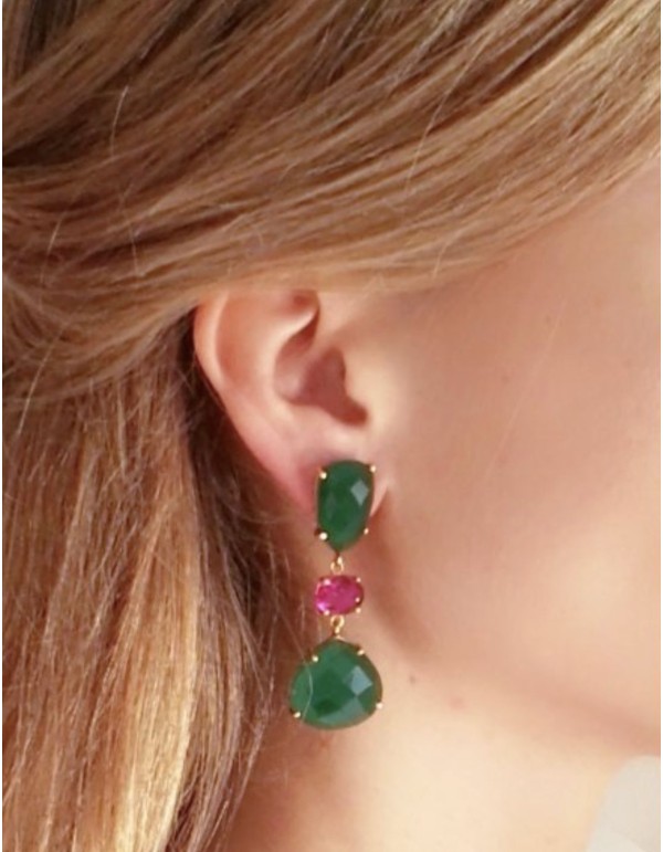 pendientes de fiesta largos que cuelgan piedras en color verde y fucsia. 2