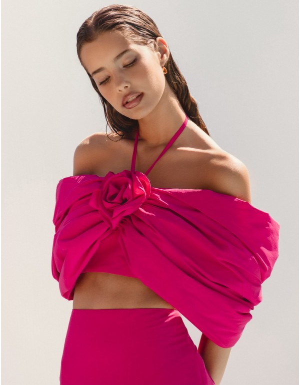 Knotted party top with drop sleeves and flower detail