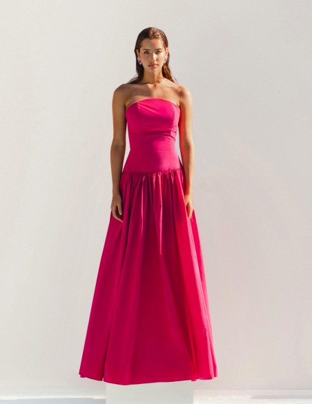 Long party dress with arched bandeau neckline