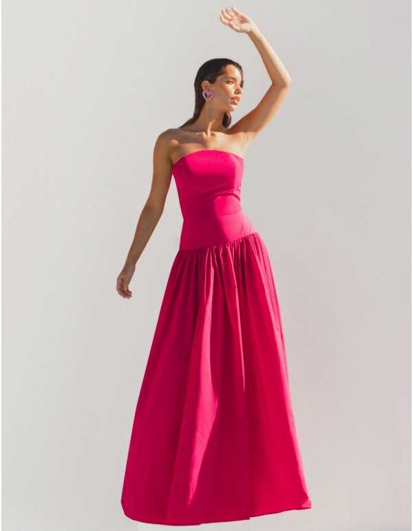 Long party dress with arched bandeau neckline