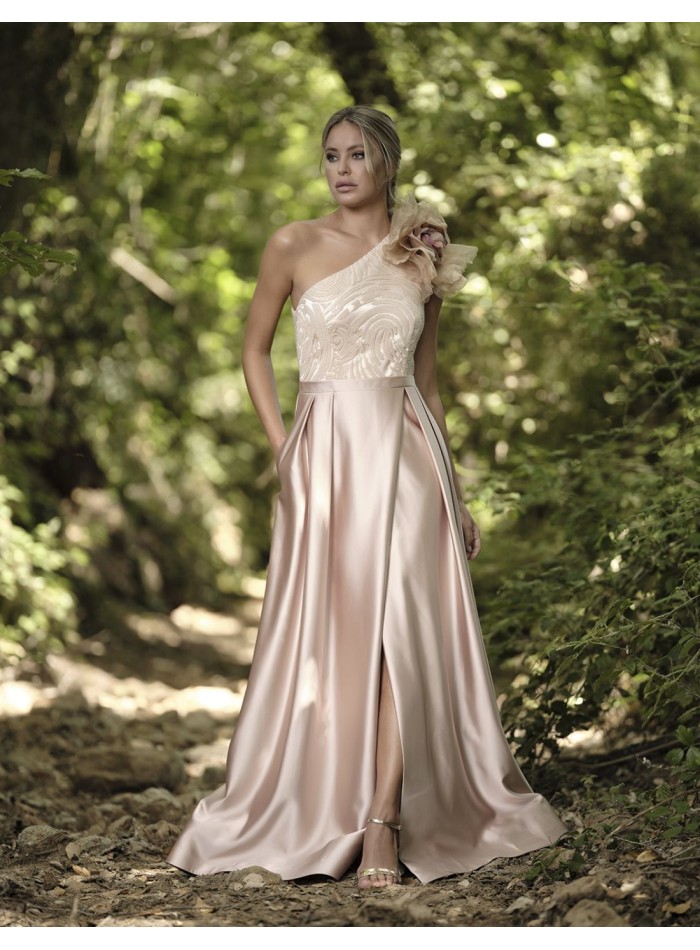 Long party dress with sequin bodice and satin skirt