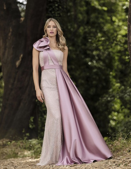 Robe longue de fête avec paillettes et surjupe en satin