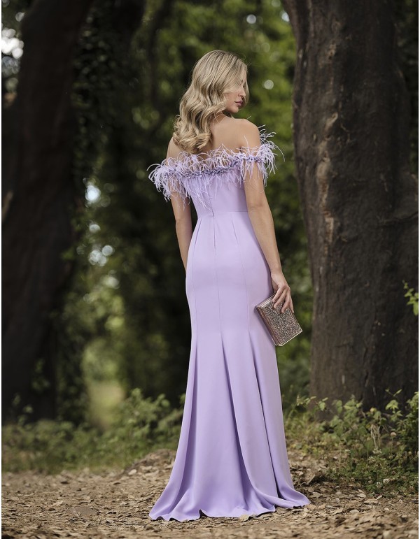 Long party dress with feather neckline 2