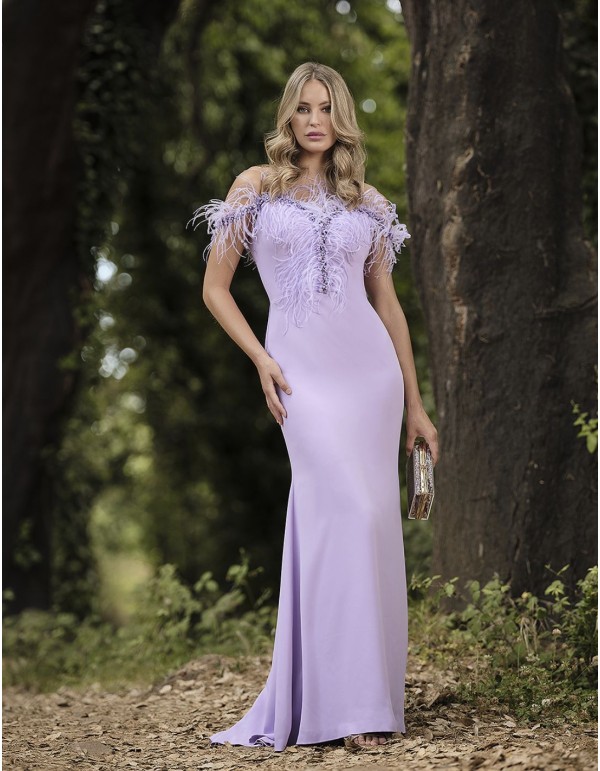 Long party dress with feather neckline
