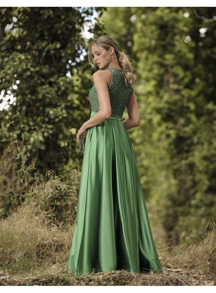 Long satin party dress with sequins