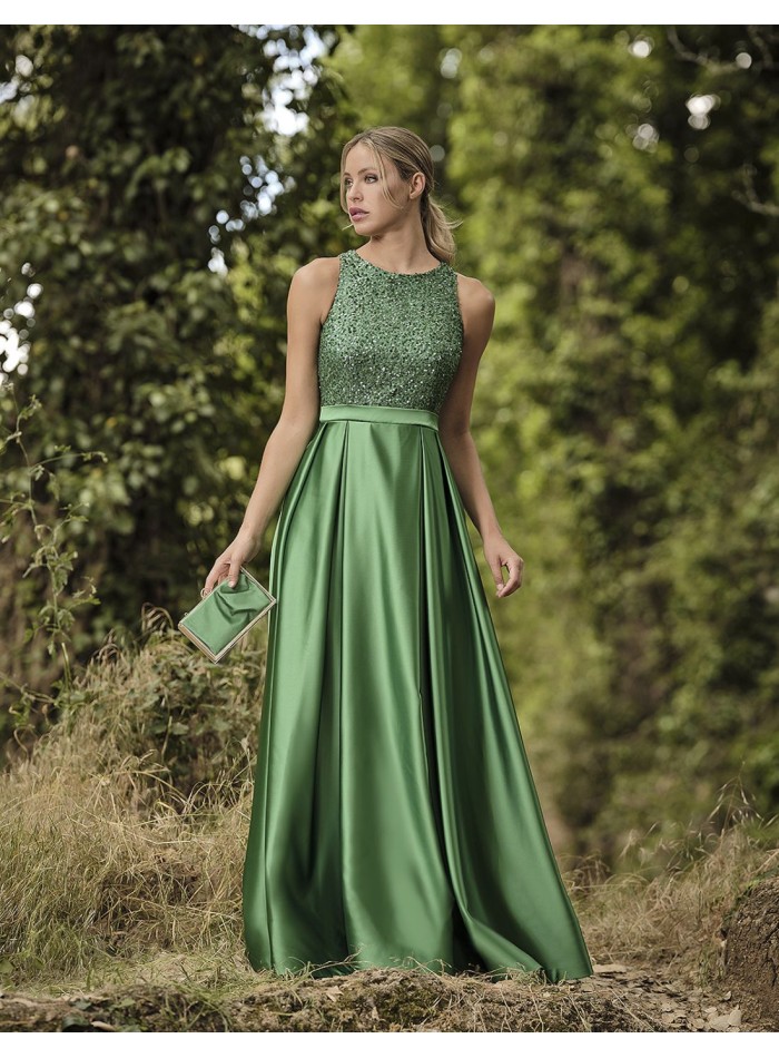 Long satin party dress with sequins