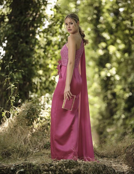 Asymmetric long party dress with a cape