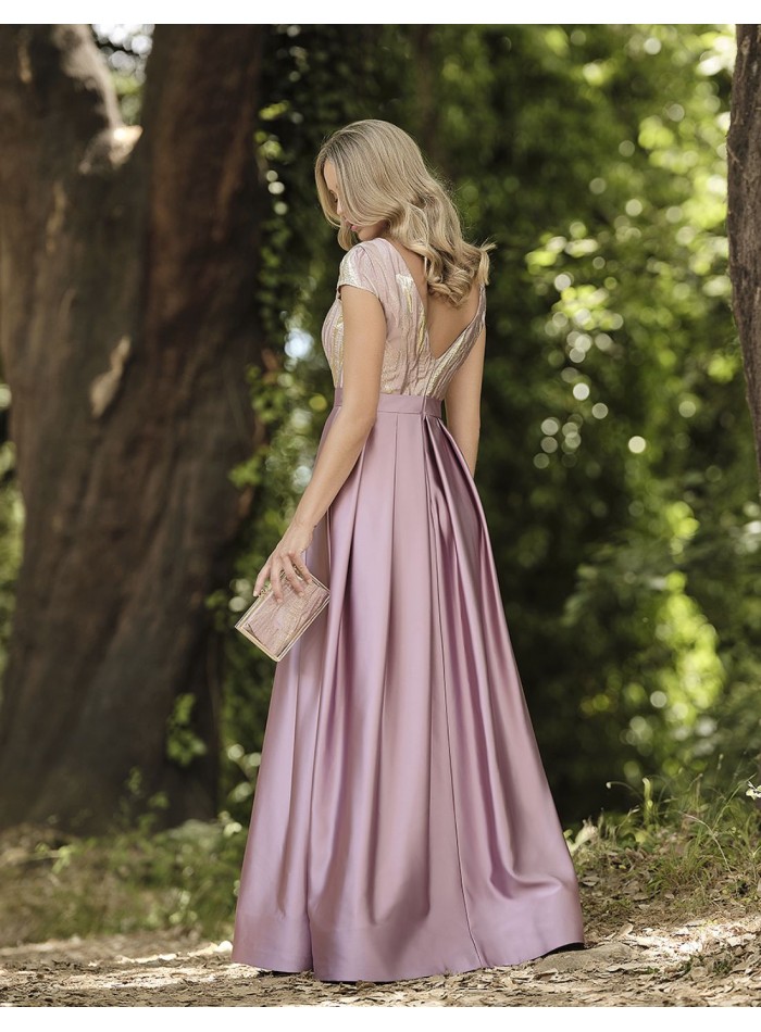 Robe longue de fête brodée or et rose