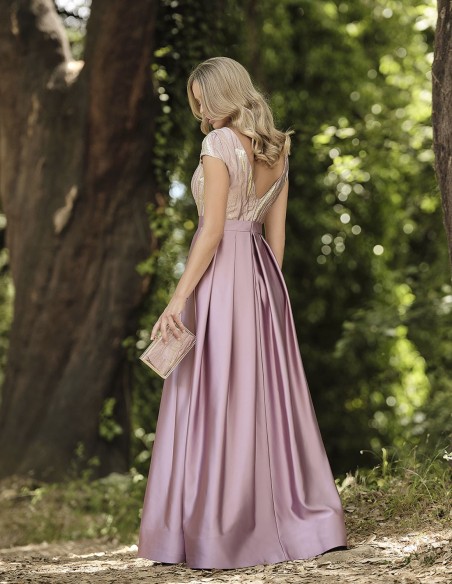 Robe longue de fête brodée or et rose