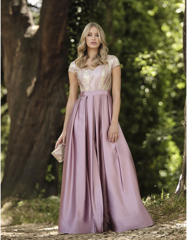 Gold and pink embroidered long party dress