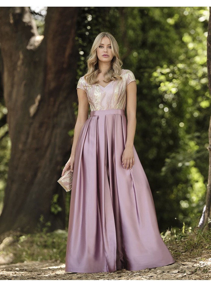 Gold and pink embroidered long party dress