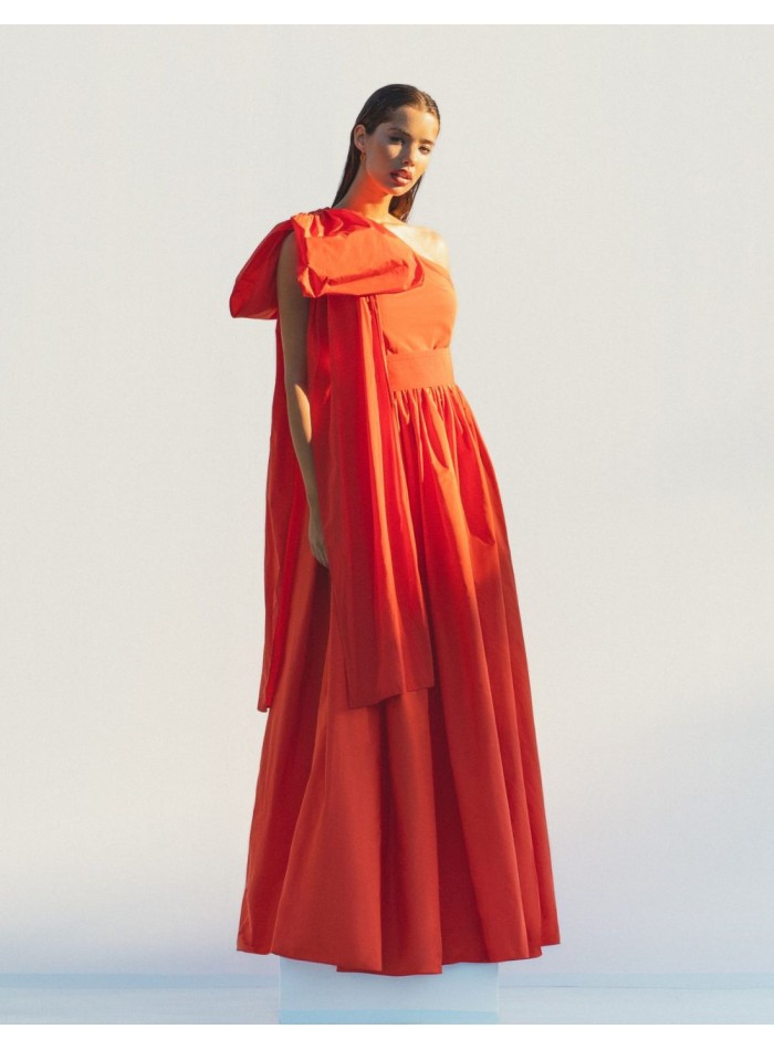 Long orange party dress with asymmetrical neckline