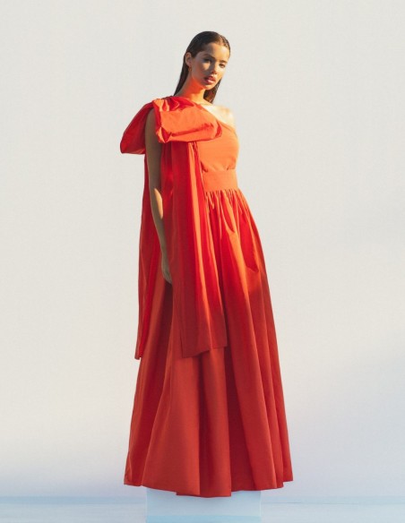 Long orange party dress with asymmetrical neckline