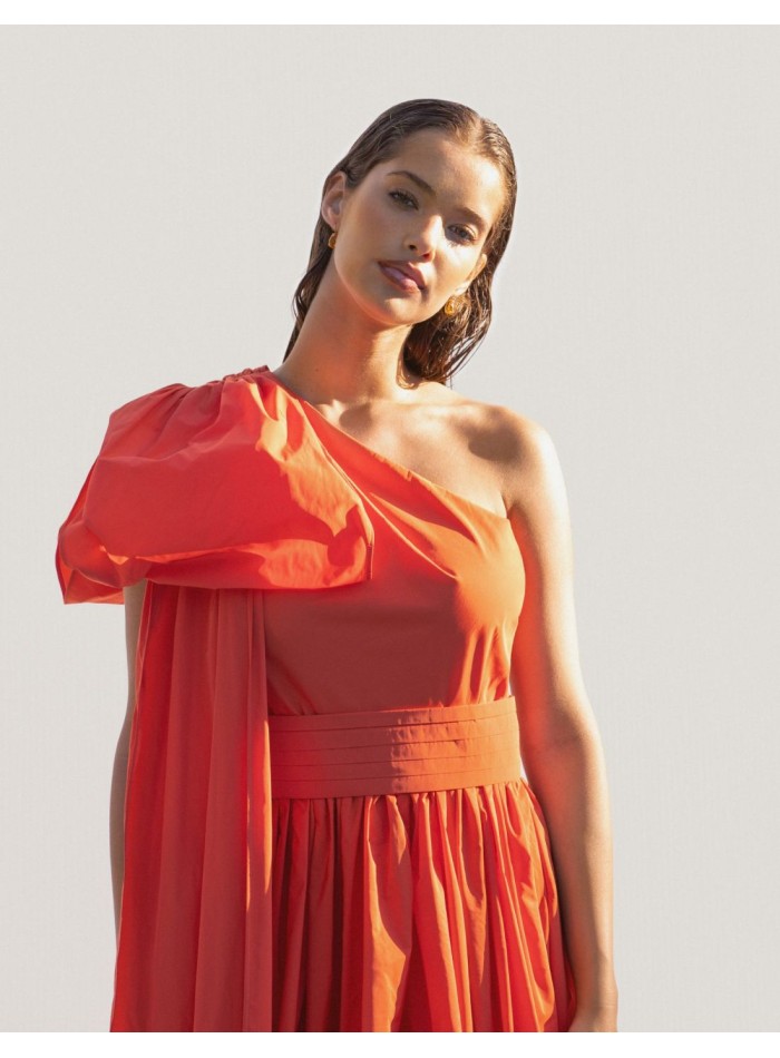 Long orange party dress with asymmetrical neckline