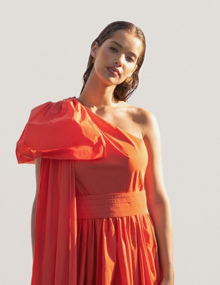 Long orange party dress with asymmetrical neckline