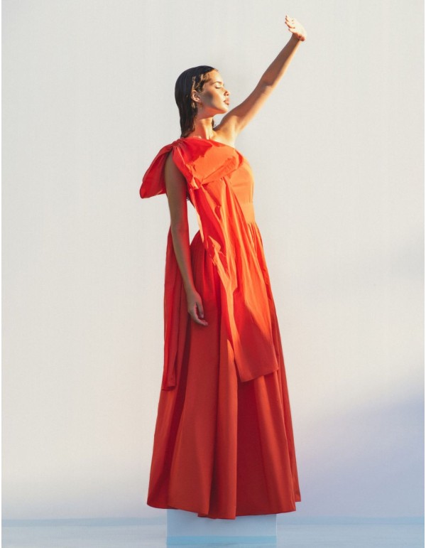 Long orange party dress with asymmetrical neckline 2