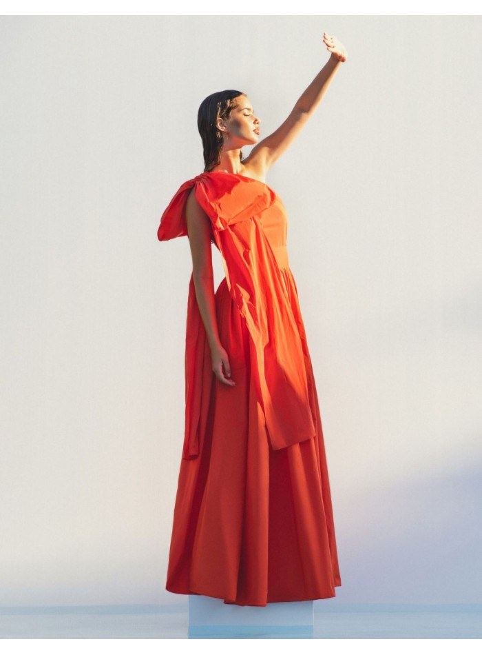 Long orange party dress with asymmetrical neckline