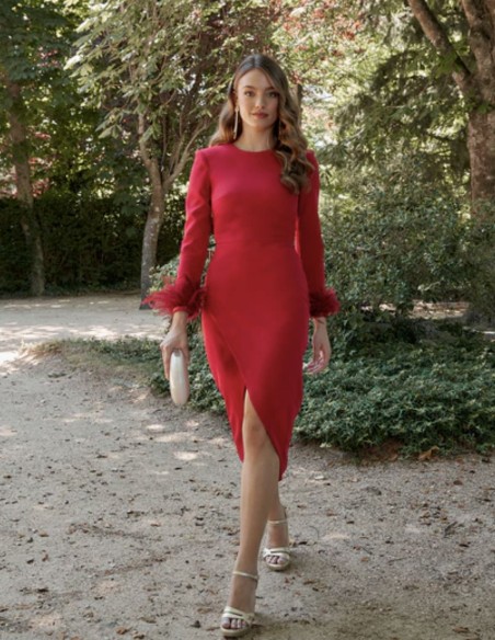 Long sleeved cross over cocktail dress with feathers