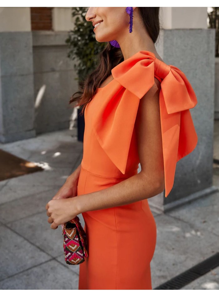 Asymmetric long party dress with organza bow -...